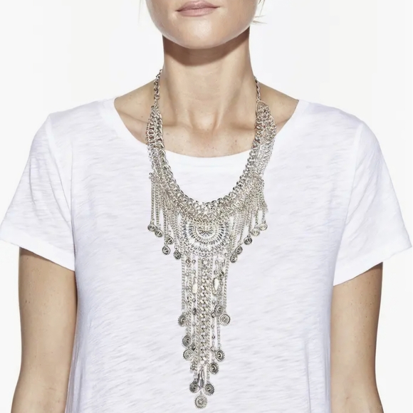 NWT Eye Candy Luna Coin Silver Necklace Bohemian Fringe Maximalism Eclectic - Picture 2 of 7